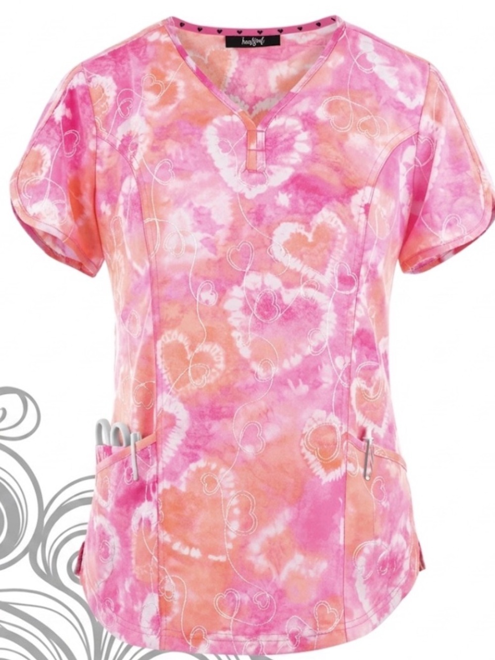 HeartSoul Pink and Coral Heart Tie-Dye Scrub Top